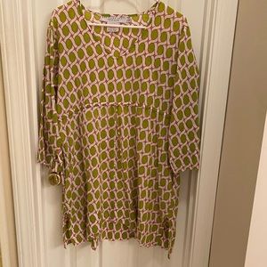 Gretchen Scott green pink white Cotton Tunic or Cover up Pockets Drawstring